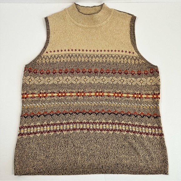 Villager Liz Claiborne Sweaters - Vintage Liz Claiborne Villager Fair Isle Sweater Vest XL Mock Neck‎ Brown Red